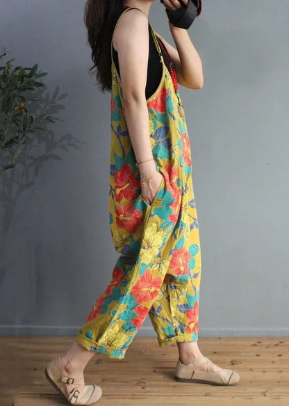 Yellow Print High Waist Cotton Jumpsuit Sleeveless
