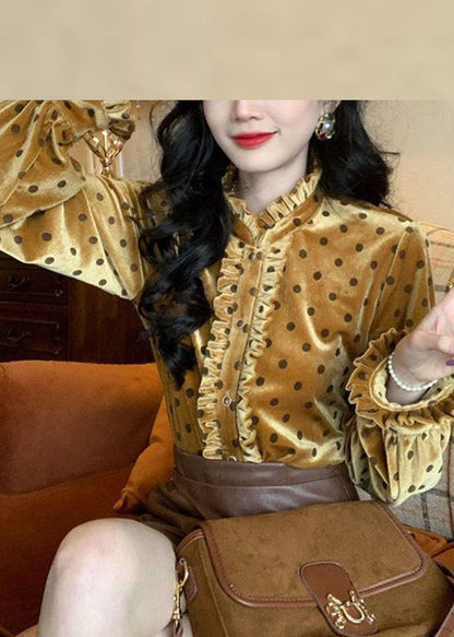 Ruffled Patchwork Dot Print Button Silk Velour Shirt Long Sleeve
