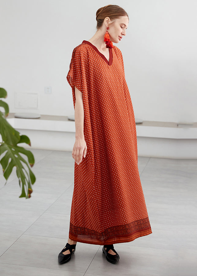 Orange V Neck Print Chiffon Vacation Robe Dresses Summer