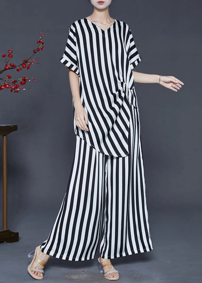 Stylish Black Striped Asymmetrical Design Silk Two Pieces Set Summer