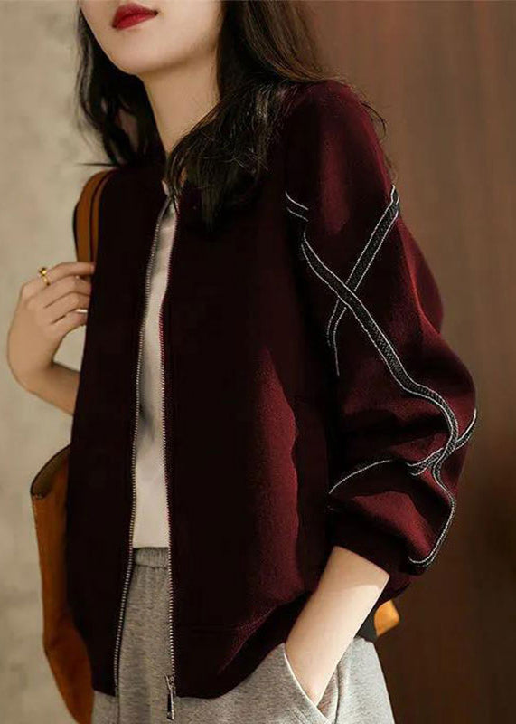 Wine Red Zip Up Patchwork Cotton Coats Fall