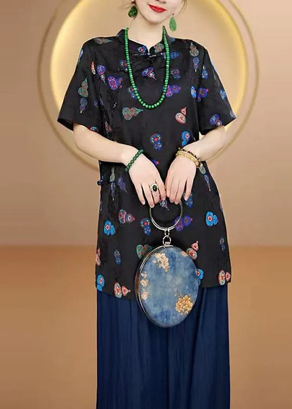New Black Stand Collar Print Chinese Button Silk Shirt Tops Summer