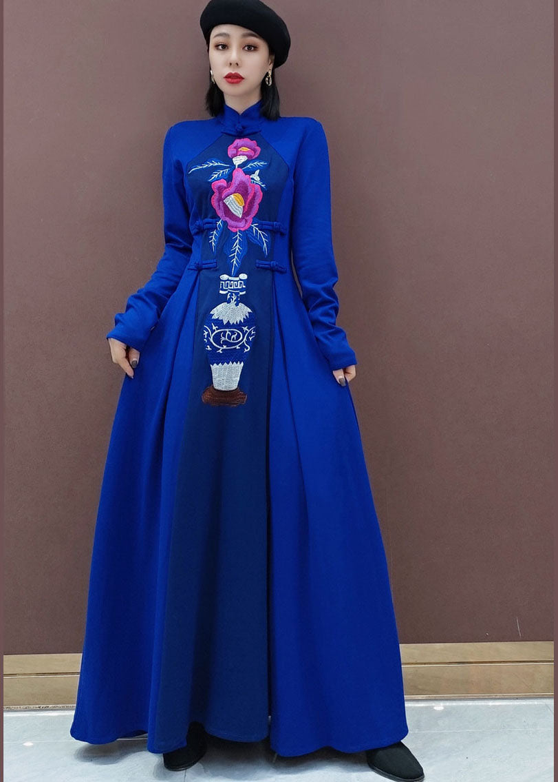 Blue Stand Collar Embroideried Long Dresses Spring