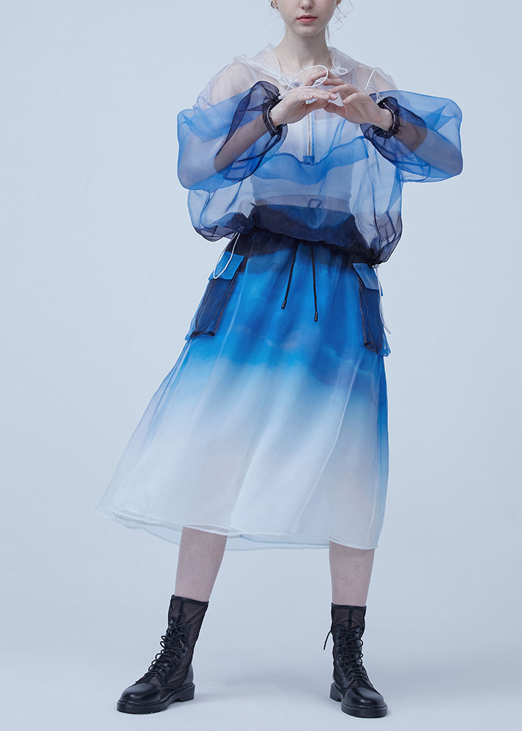 Summer New Gradient Color Silk Sunscreen Top and Skirt Two Piece Set