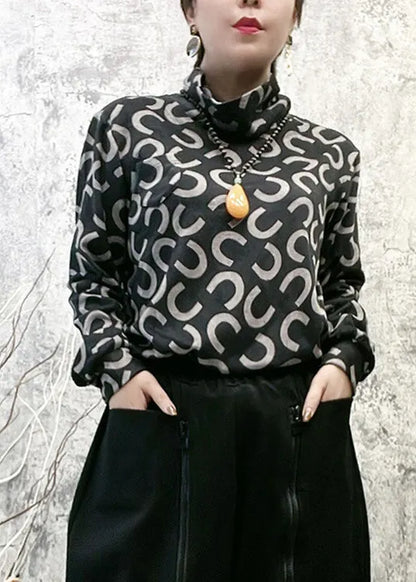 Italian Black Turtleneck Print Tops Long Sleeve