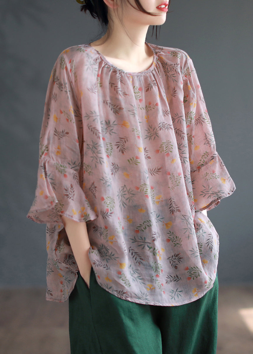 Pink Print Patchwork Linen Shirts Flare Sleeve