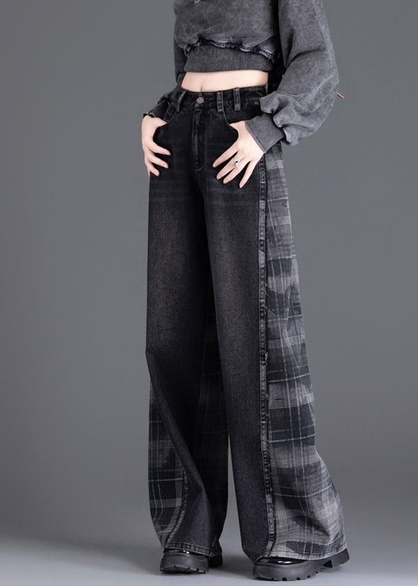 New Black Pockets Plaid Patchwork Warm Fleece Denim Pants Spring
