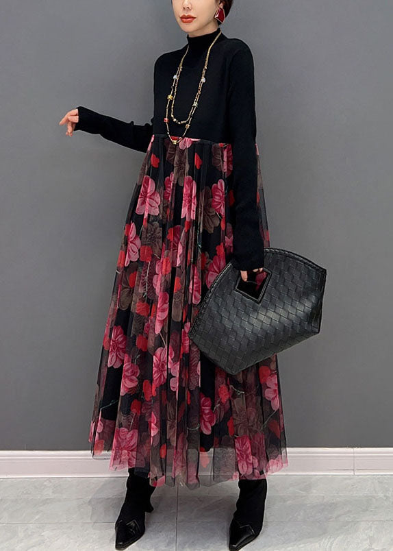 Red Print Stand Collar Patchwork Tulle Knit Long Dress Spring