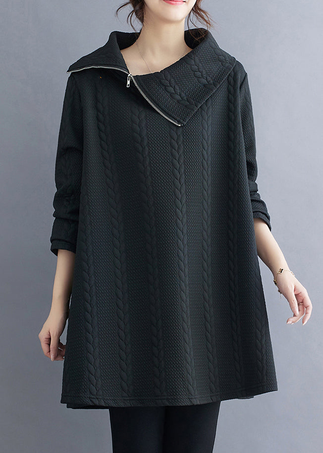 Black Zip Up Patchwork Cotton Top Long Sleeve