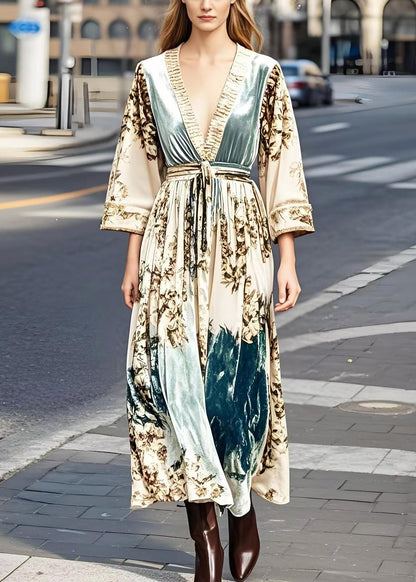 Apricot Print Exra Large Hem Silk Velour Vacation Dresses Spring