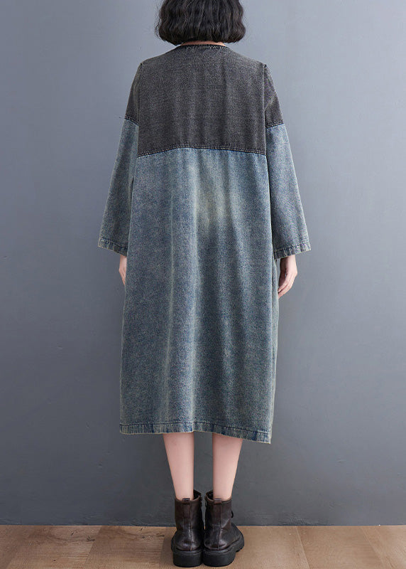 Denim Blue V Neck Patchwork Trench Coat Spring
