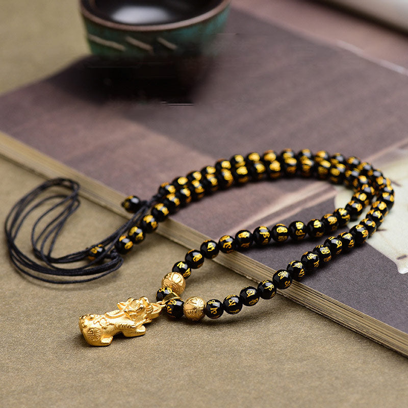 Fengshui Obsidian Pixiu Wealth Necklace