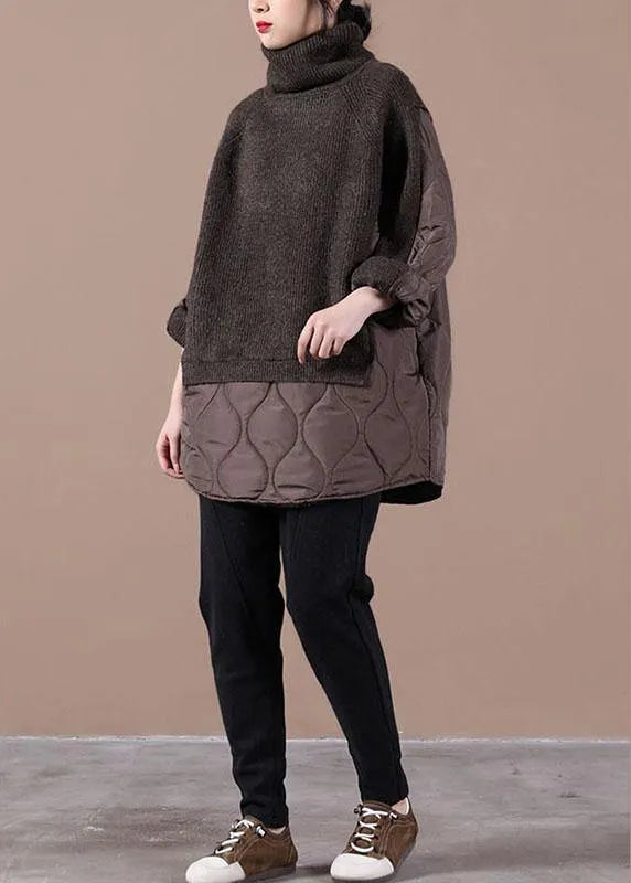 Chocolate Knitted High Neck Combed Rhombic Plaid Cotton Sweater