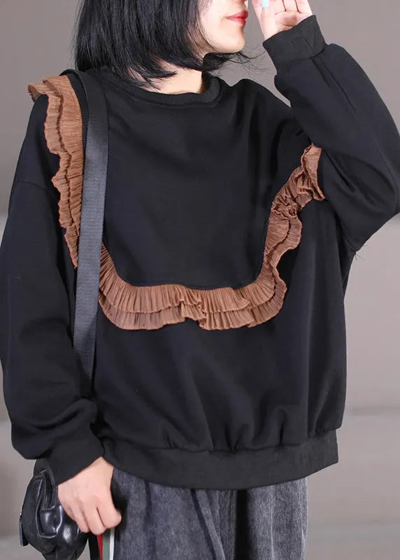 Coffee O-neck Ruffled Patchwork Cotton Sweatshirts Fall