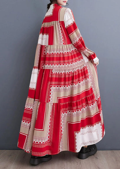 Colorblock Stand Collar Print Asymmetrical Patchwork Robe Dresses Spring