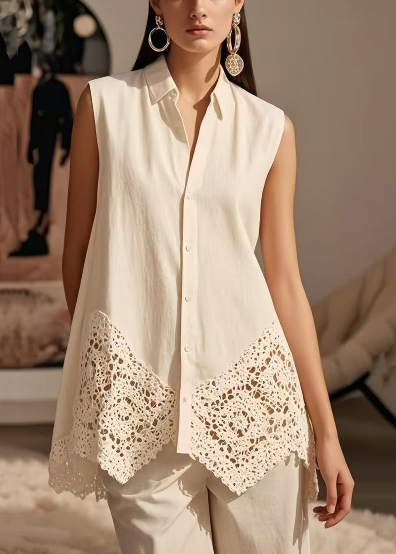 White Lace Patchwork Cotton Shirt Tops Sleeveless