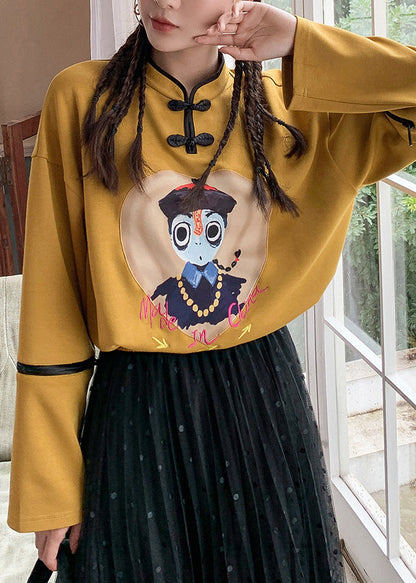 Yellow Stand Collar Print Button Sweatshirt Long Sleeve