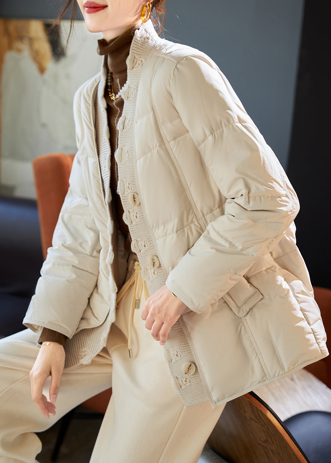 Beige V Neck Patchwork Duck Down Puffers Jackets Winter