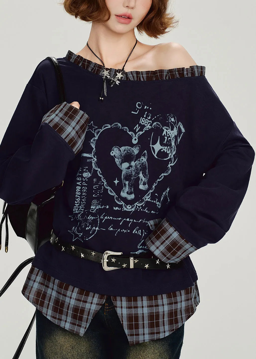 Navy Ruffled Falsepatchwork False Two Pieces Cotton Top Spring