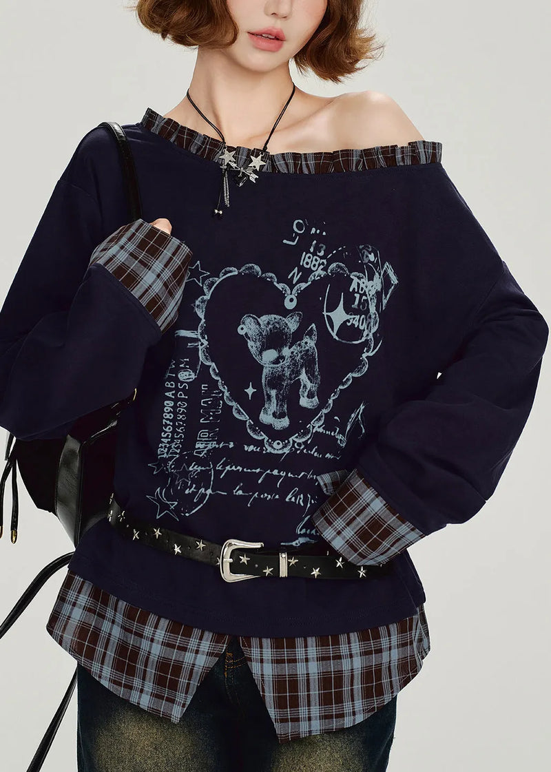 Navy Ruffled Falsepatchwork False Two Pieces Cotton Top Spring