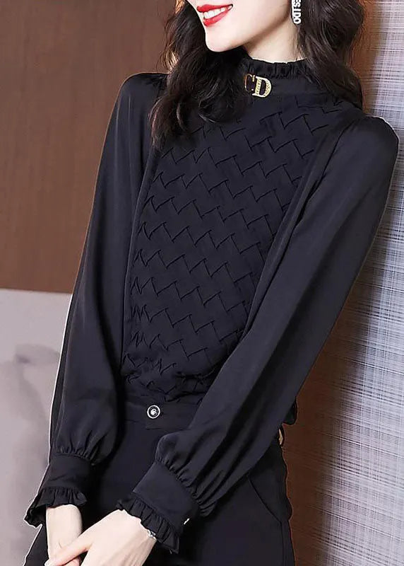 Modern Black Stand Collar Ruffled Warm Fleece Chiffon Shirts Long Sleeve