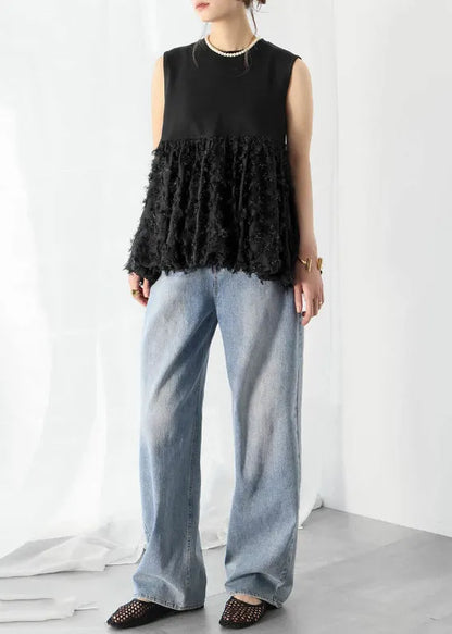 Black Patchwork Cotton a Line Tops Tasseled Sleeveless