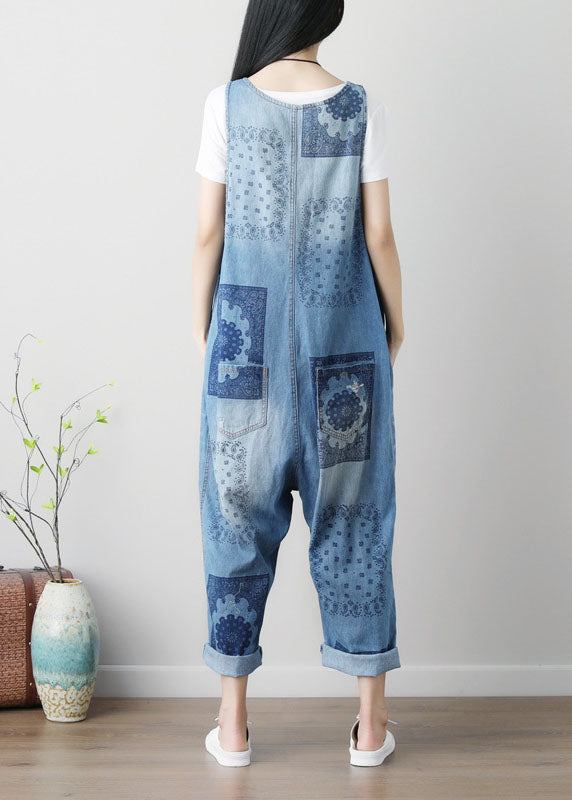 Loose Blue Hole V Neck Print Cotton Denim Jumpsuits Spring