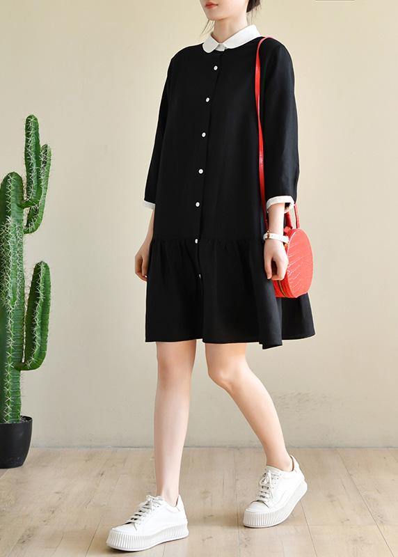 Black Long Sleeve Peter Pan Collar Patchwork Spring Cotton Dress
