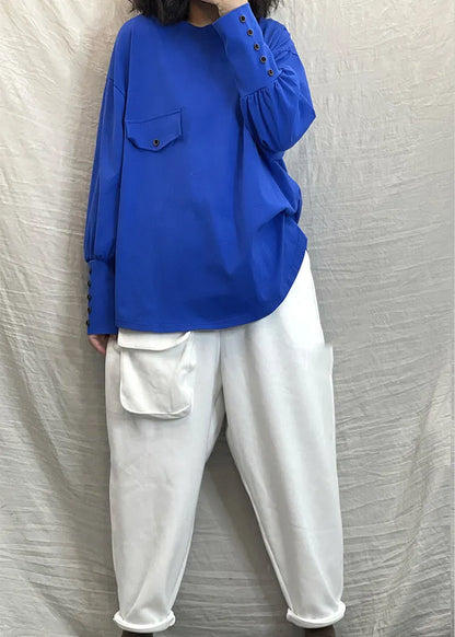 Blue O-neck Button Cotton Loose Sweatshirt Long Sleeve
