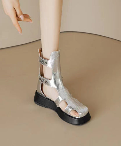 Hollow Out Platform Sandals Boots Black Cowhide Leather