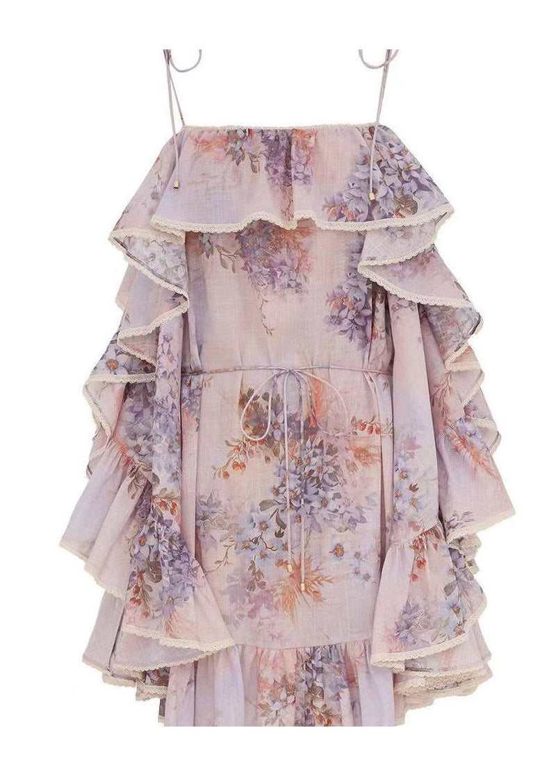 Fine Ruffled Print Cotton Spaghetti Strap Dress Summer