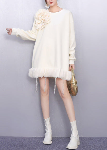 White Decorated Cotton Day Dress Tasseled Spring
