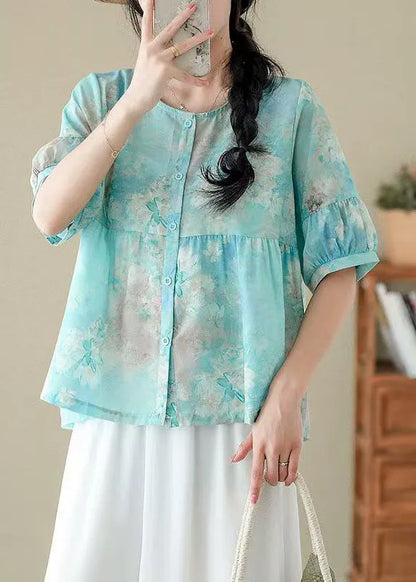 Pink O Neck Print Patchwork Cotton Shirts Summer
