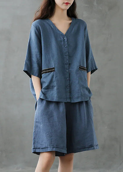 Red Button Patchwork Tops and Shorts Linen Two Pieces Set Summer