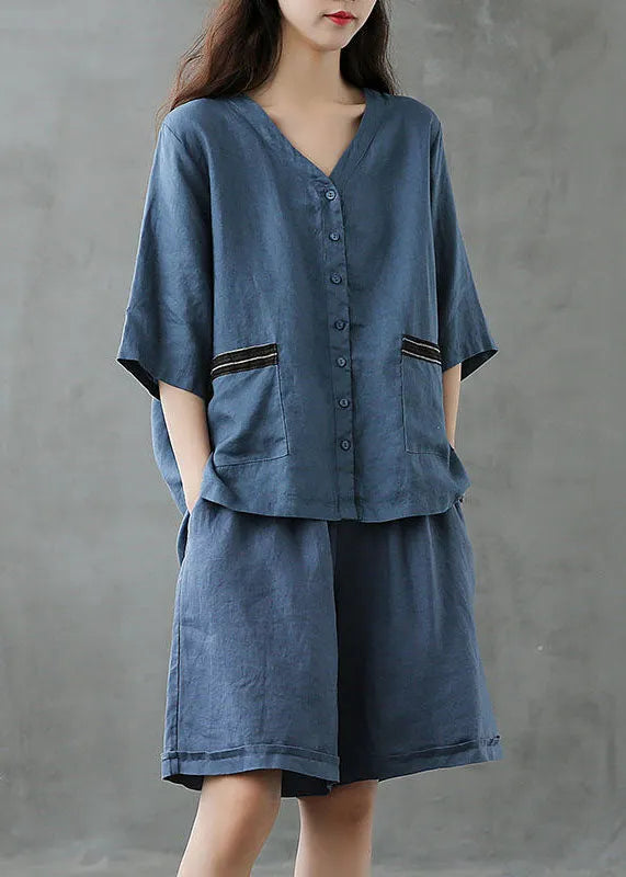 Red Button Patchwork Tops and Shorts Linen Two Pieces Set Summer