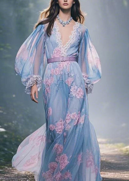 Print V Neck Lace Sashes Patchwork Chiffon Maxi Dresses Spring