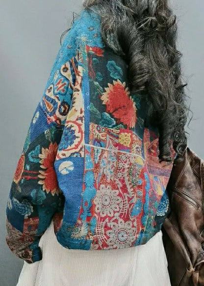 Blue V Neck Print Button Cotton Top Long Sleeve