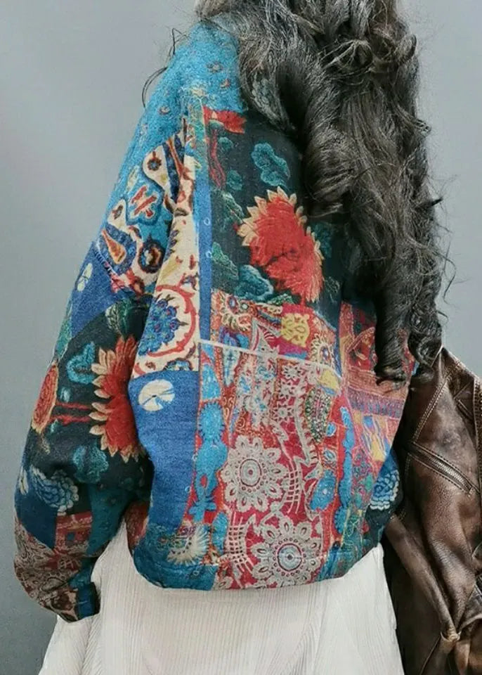 Blue V Neck Print Button Cotton Top Long Sleeve