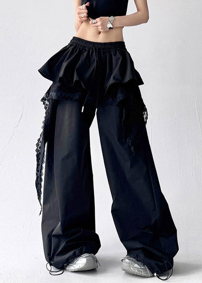 Fine Black Asymmetrical Lace Elastic Waist Cotton Pants Fall