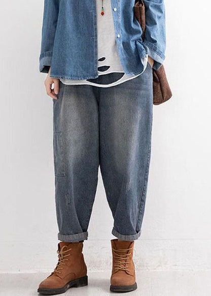Denim Blue Elastic Waist Pockets Patchwork Applique Cotton Harem Pants Fall