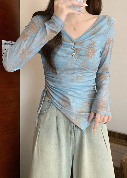 Silm Fit Blue Asymmetrical Print Cotton Top Fall