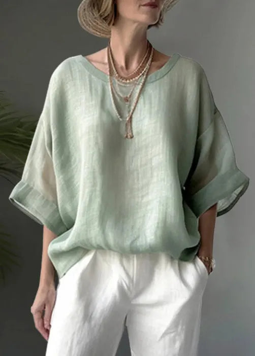 Simple Blue O Neck Loose Cotton Shirt Tops Summer