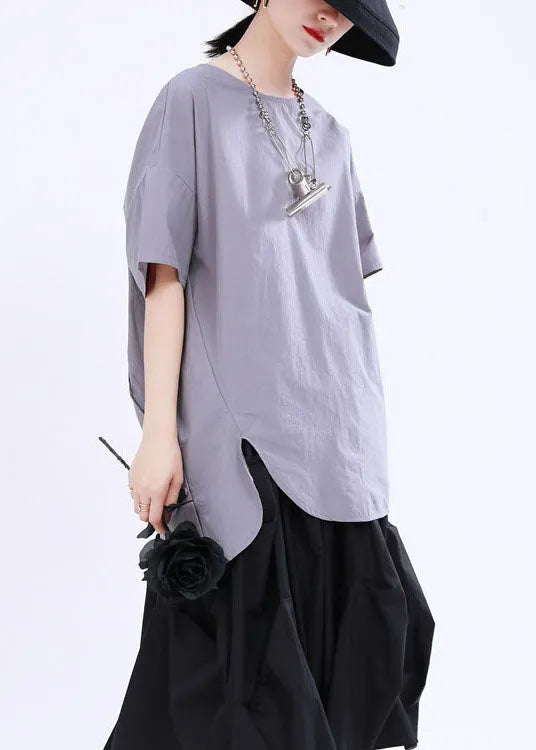 French Grey Asymmetrical Design Button Patchwork Fall Shirt Half Sleeve