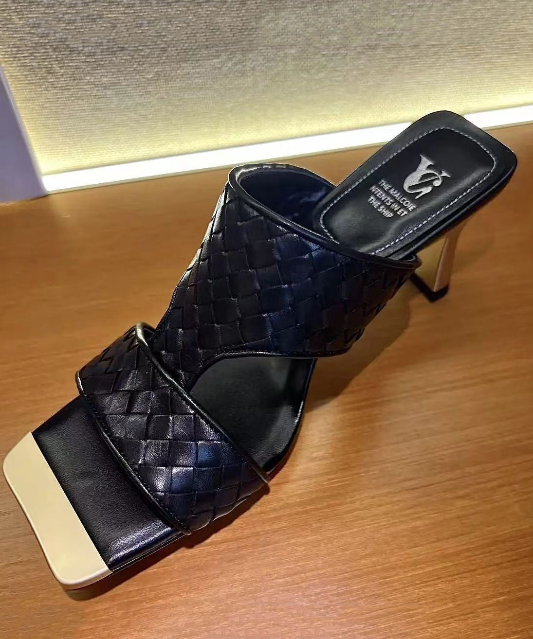 Black Chunky Heel Faux Leather Slide Sandals Peep Toe