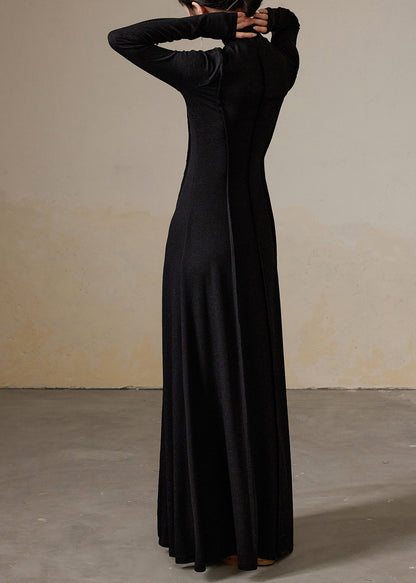 Black Wrinkled Cotton Long Dresses Turtleneck