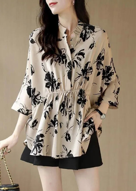 Slim Fit Beige Stand Collar Button Drawstring Print Chiffon Shirt Spring