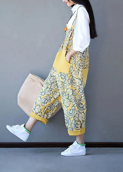 Yellow Patchwork Print Denim Jumpsuit Spring