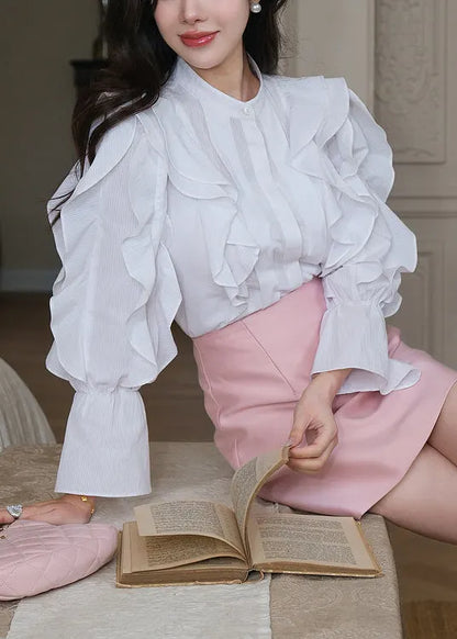 Stylish White Ruffled Button Cotton Blouses Flare Sleeve