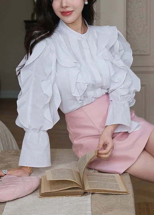 Stylish White Ruffled Button Cotton Blouses Flare Sleeve