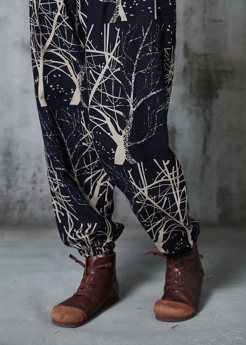 Black Oversized Print Cotton Harem Pants Spring